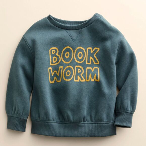 NWT!! Unisex Sz NB"Book Worm"Crewneck Sweatshirt (LW) Organic Cotton Green/Blue - Picture 1 of 7